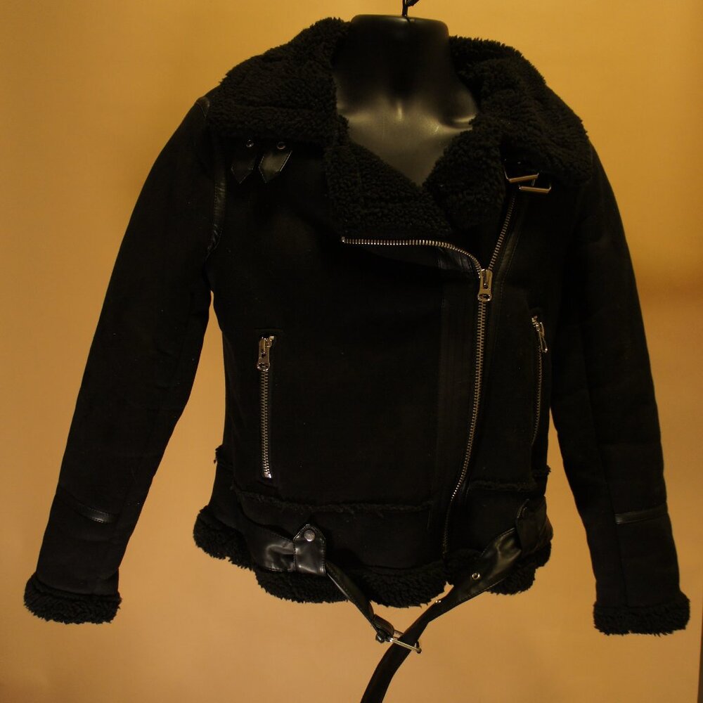 H&M black suede faux sherpa coat